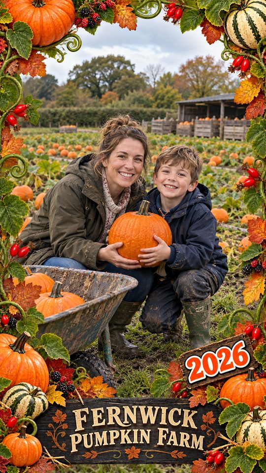 Example photo: a family holding pumpkins in a branded autumn frame