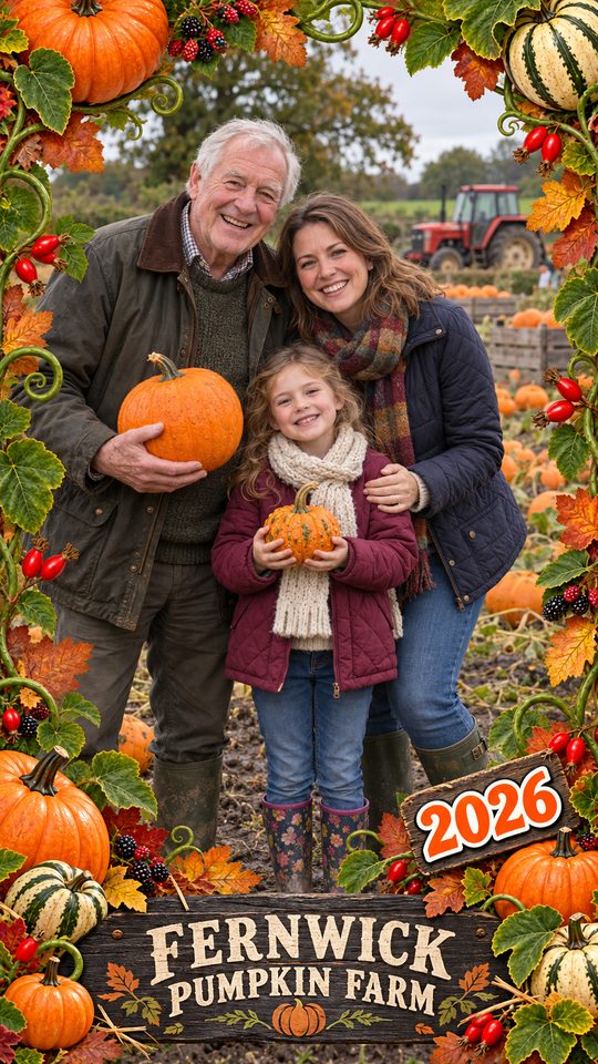 Example photo: a mother and son with a pumpkin and wheelbarrow in a branded autumn frame